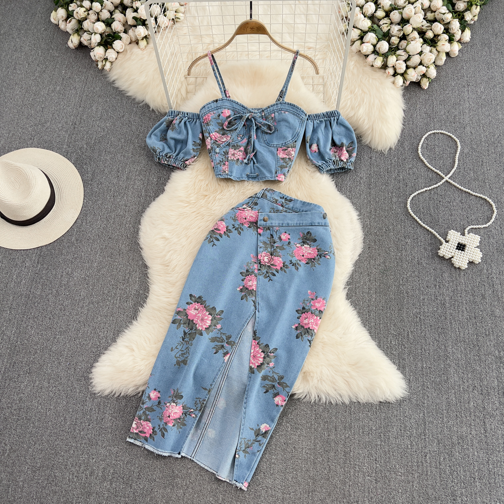Winter Clothing Gear - Fashion Floral Print Denim Skirt Set